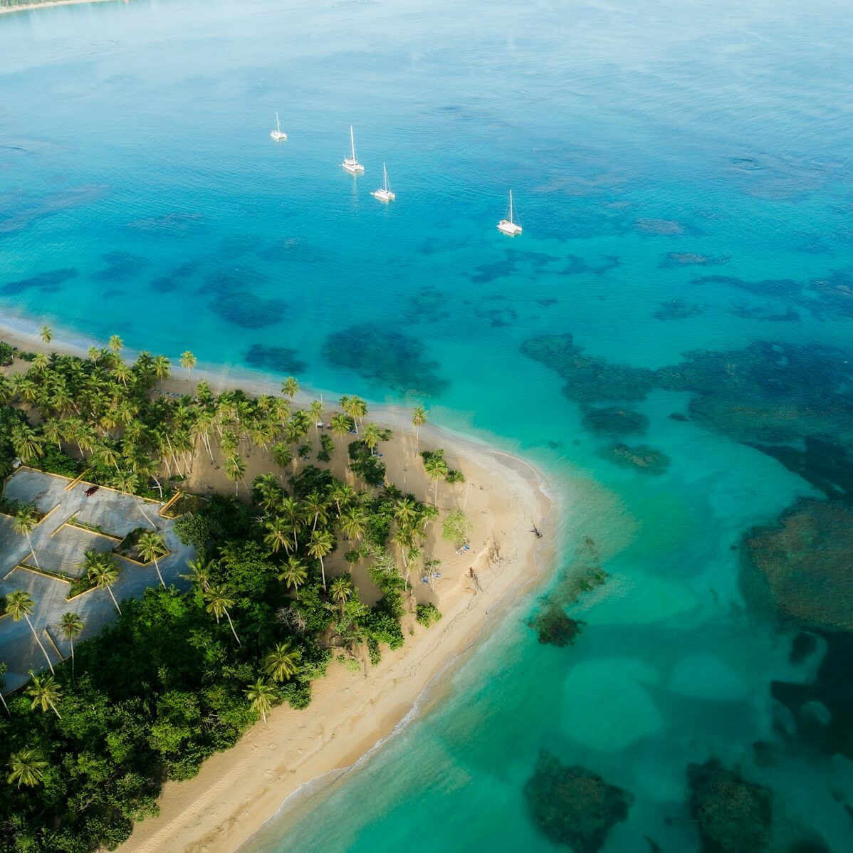 an aerial view of a tropical island with sailboats